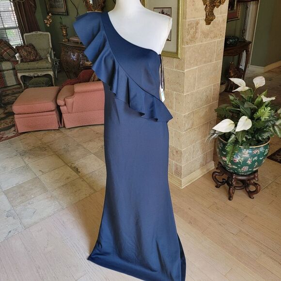 JESSICA HOWARD Womens Gown 8 Navy Ruffled Zippered Scuba Sleeveless One Shoulder - Picture 9 of 12